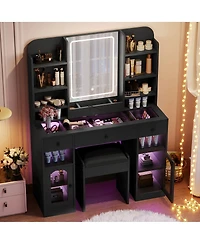 Streamdale Furniture 43.2 inches Vanity Desk with Led Mirror, Rgb Lights, Storage and Stool