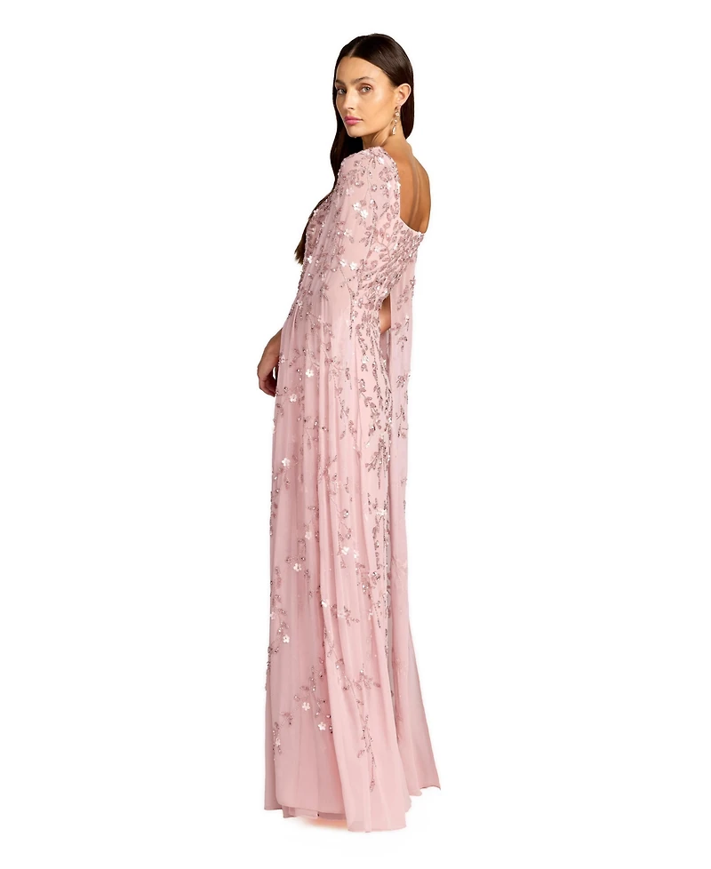 Mac Duggal Petite Embellished Cape Sleeve A-Line Mesh Maxi Gown