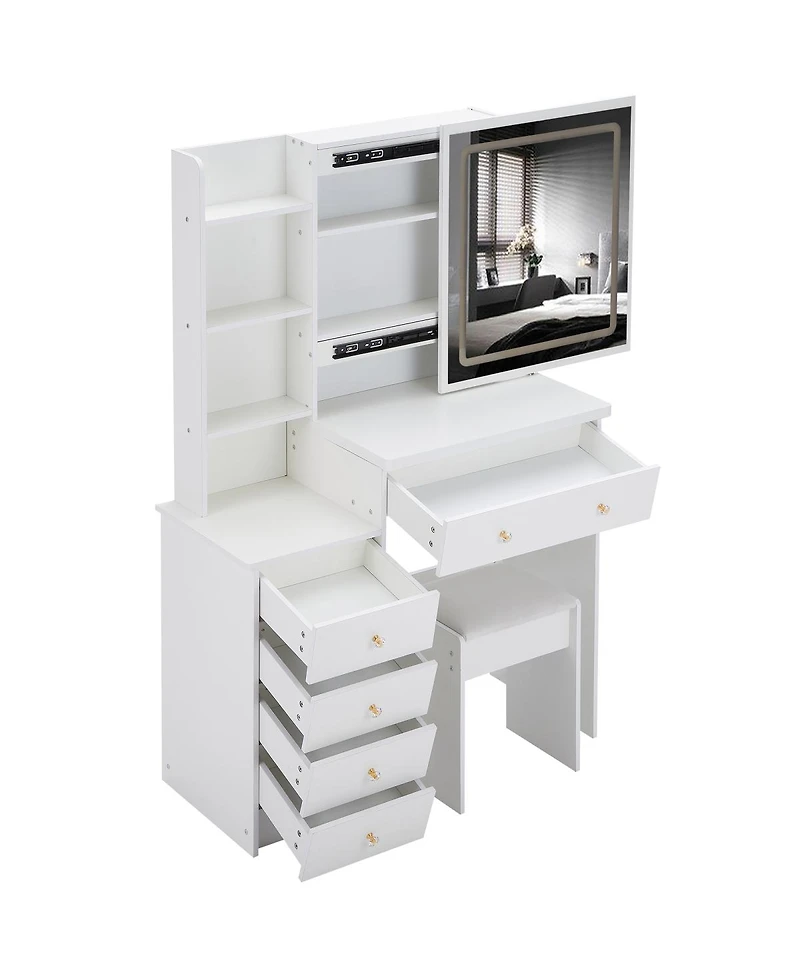 Streamdale Furniture 37 inches Vanity Table Stool, Led Mirror, 2AC, 2USB, Hair Dryer Stand
