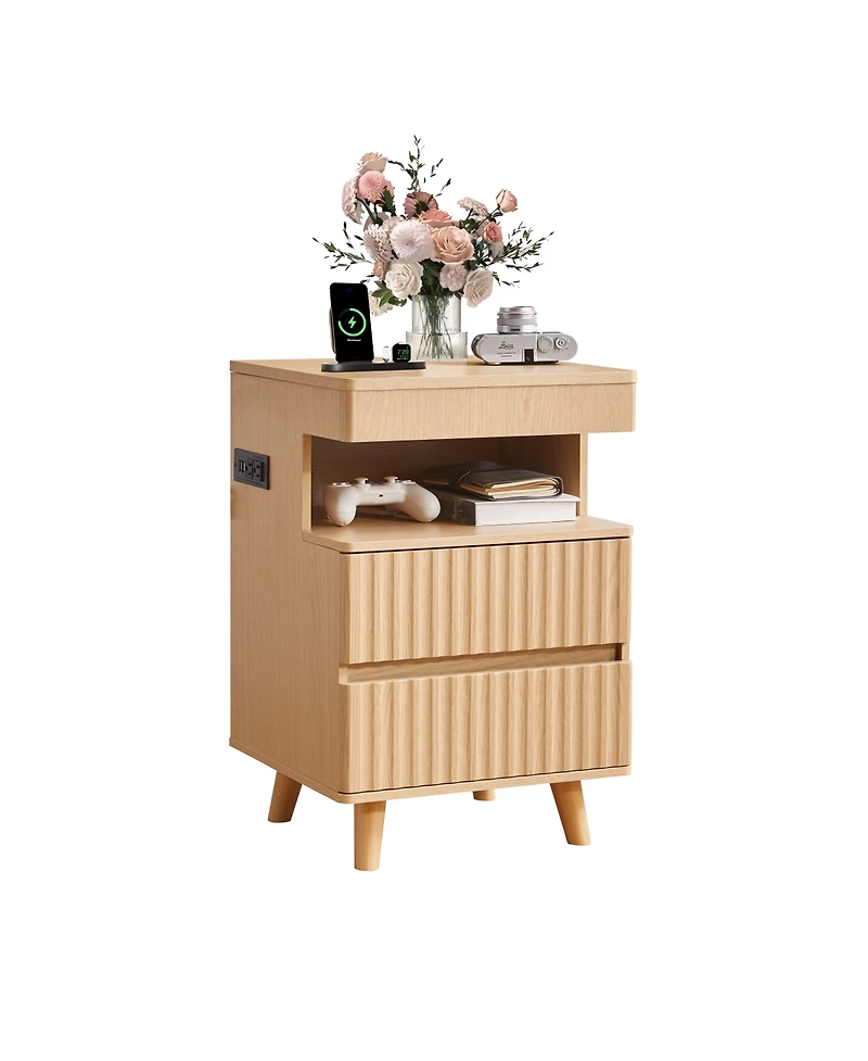 Streamdale Furniture Bedside Table with Drawer, Charging Station, 2 Drawers