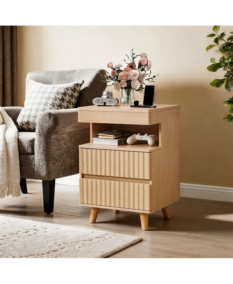 Streamdale Furniture Bedside Table with Drawer, Charging Station, 2 Drawers