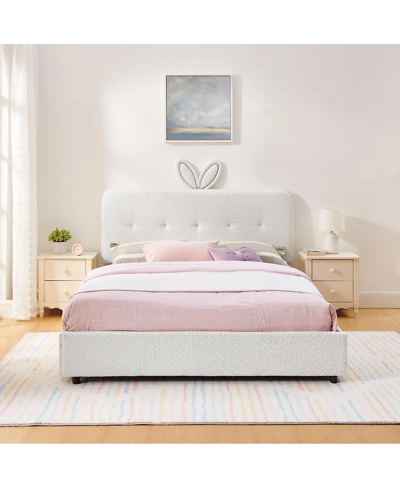 Streamdale Furniture Kids Upholstered Bed Rabbit Headboard, Led and Drawers