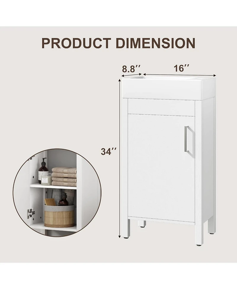 homfan 16 Inch Wooden Bathroom Vanity with Sink, Freestanding Cabinet, Soft-Closing Door, Metal Handle, Modern Storage for Small Bathrooms