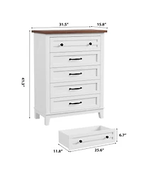 Homfan 5-Drawer Vertical Wooden Dresser, 41.3" Tall Freestanding Storage Chest for Bedroom, Living Room, or Entryway