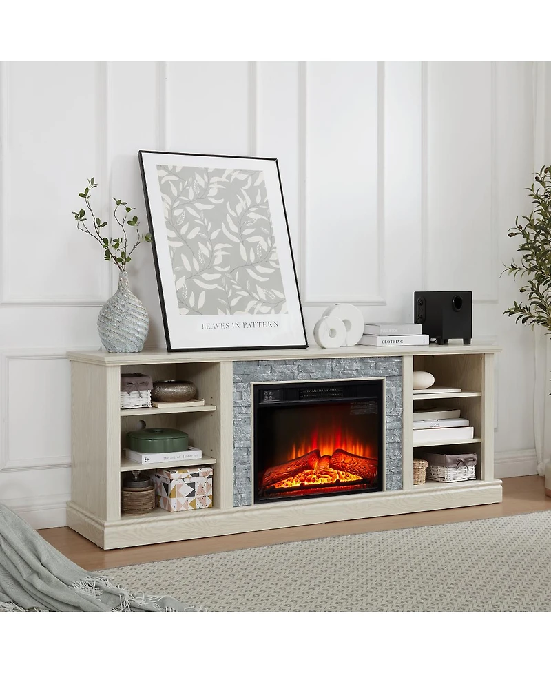 Streamdale Furniture Large Faux Stacked Stone Tv Media Console with Fireplace Insert