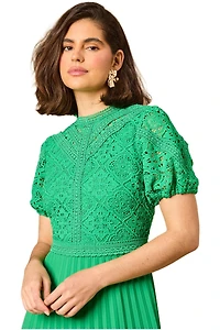 Oasis Women's Lace Puff Sleeve Pleated Midi Dress
