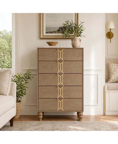 homfan 5 Drawers Dresser, Modern Wooden Tall Dresser with Deep Drawers, Storage Cabinet for Bedroom, Living Room, Hallway, Entryway