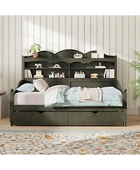 Streamdale Furniture Retro Wooden Twin Daybed with Storage Drawers and Headboard Shelves