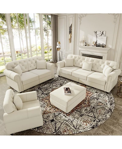 Streamdale Furniture Velvet Nailhead Rolled Arm Sofa with Ottoman