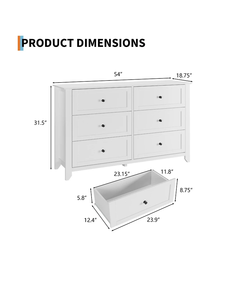 homfan 6-Drawer Farmhouse Dresser, 53.9" Wide Wood Storage Chest with Deep Drawers for Bedroom, Hallway and Living Areas
