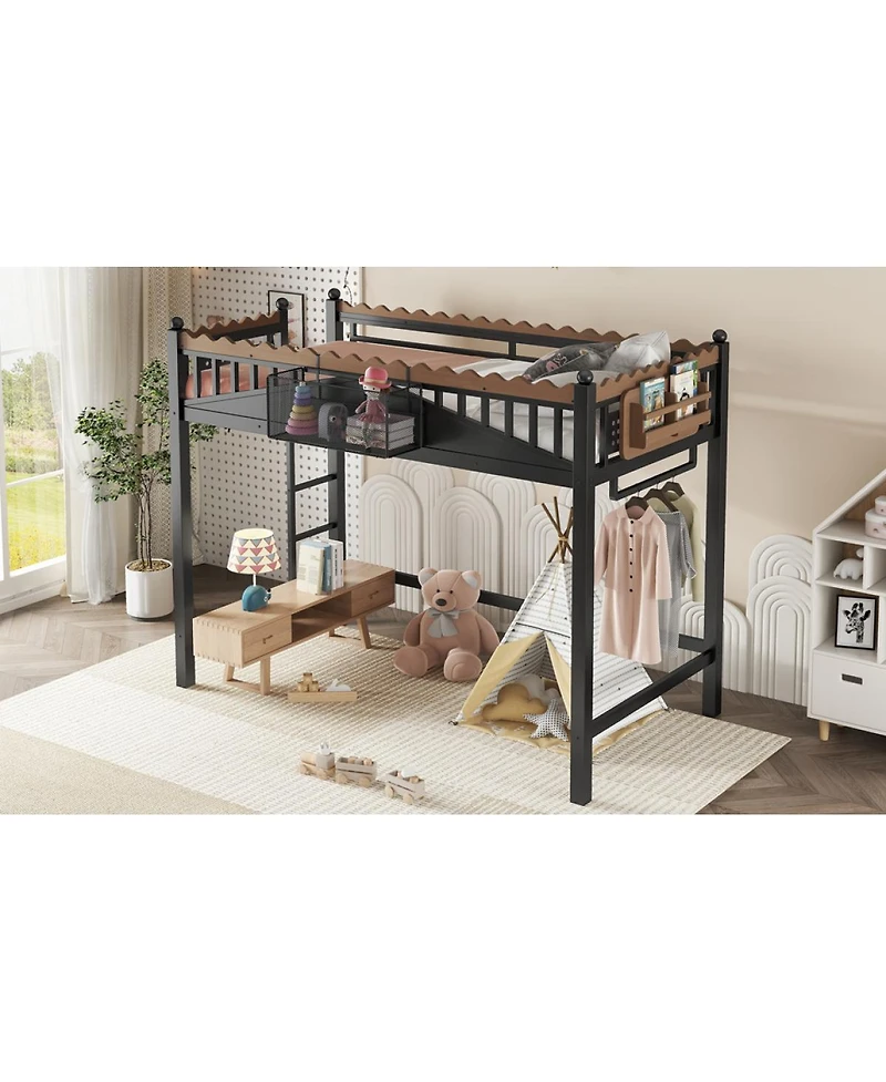 Streamdale Furniture Metal Loft Bed with Shelves and Ladder