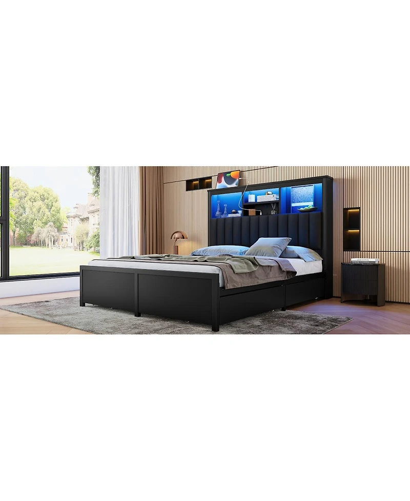 Streamdale Furniture Queen Bed Frame With Storage Headboard, Led, Charging, 4 Drawers