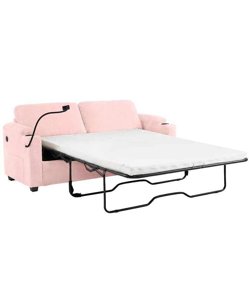 Streamdale Furniture Corduroy Sleeper Sofa with Mattress, Usb, Cup Holders and Pockets