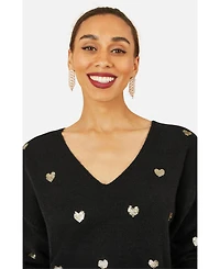 Yumi Women's Sequin Heart V-Neck Jumper