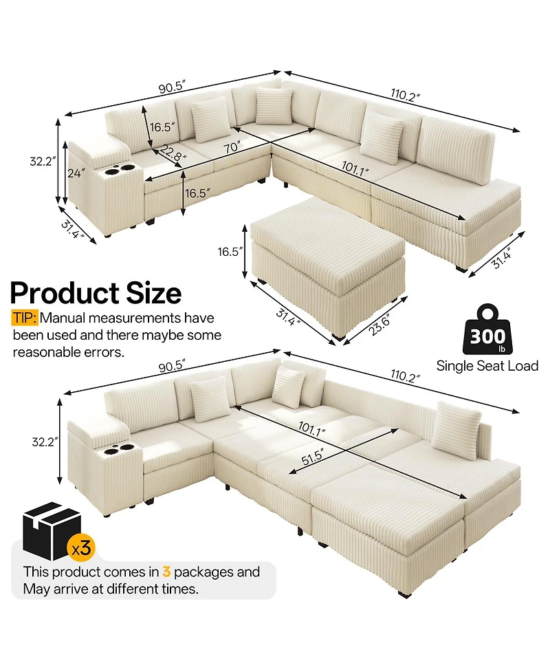 Streamdale Furniture L Shaped Sectional with Ottoman Usb Storage Corduroy