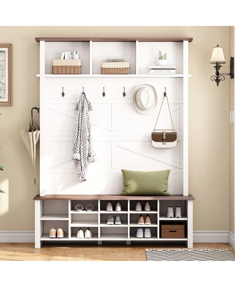 Streamdale Furniture Farmhouse 4-in-1 Hall Tree with 6 Hooks and 16 Shoe Compartments