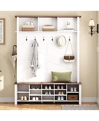 Streamdale Furniture Farmhouse 4-in-1 Hall Tree with 6 Hooks and 16 Shoe Compartments