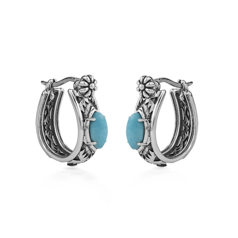 American West Jewelry Sterling Silver Kingman Turquoise Marquise Cut Huggie Hoop Earrings