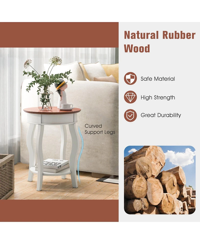 Gymax 2PCS 2-Tier Side Table w/ Storage Wooden Nightstand and Shelf and Solid Rubber Wood Legs