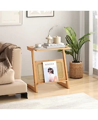 Gymax Z-shaped End Table Glass Top Bamboo Side Table w/ Magazine Rack and Rattan Shelf