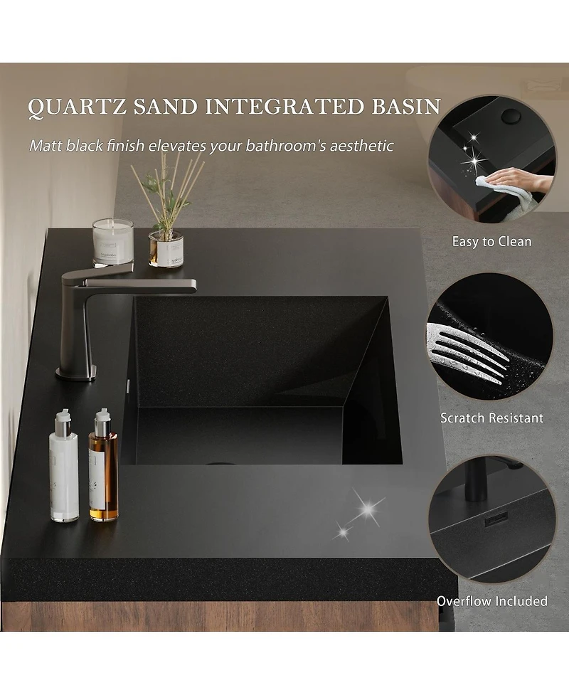 Sillysis Wall Mounted Bathroom Vanity, Quartz Sand Matte Sink, Wave Textured Drawer, Pre-Assembled Modern Cabinet
