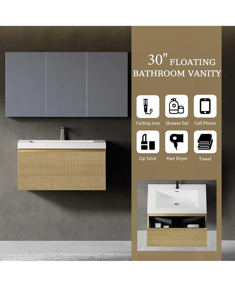 Sillysis Wall Mounted Bathroom Vanity, Glossy Stone Resin Sink, Oak Wave Textured Drawer