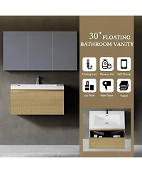 Sillysis Wall Mounted Bathroom Vanity, Glossy Stone Resin Sink, Oak Wave Textured Drawer