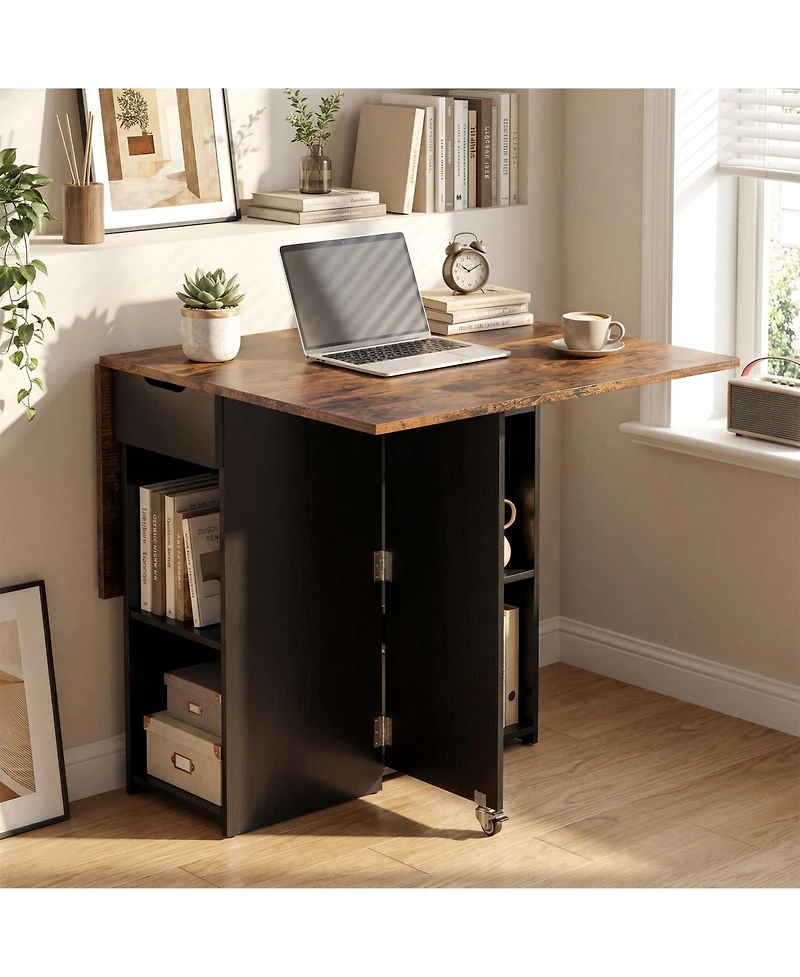 Gymax Folding Dining Table w/2 Open Shelves and Drawer 2 Lockable Universal Wheels