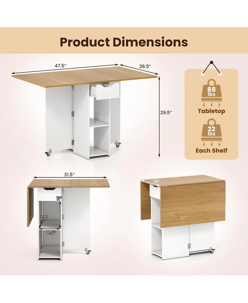 Gymax Folding Dining Table w/2 Open Shelves and Drawer 2 Lockable Universal Wheels