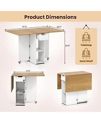 Gymax Folding Dining Table w/2 Open Shelves and Drawer 2 Lockable Universal Wheels