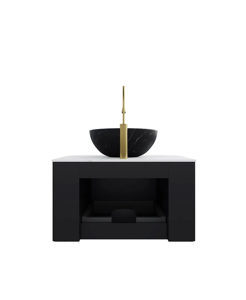 Sillysis Wall Mounted Bathroom Vanity, Carrara Sintered Stone Top , Striped Plywood Cabinet