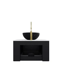 Sillysis Wall Mounted Bathroom Vanity, Carrara Sintered Stone Top , Striped Plywood Cabinet