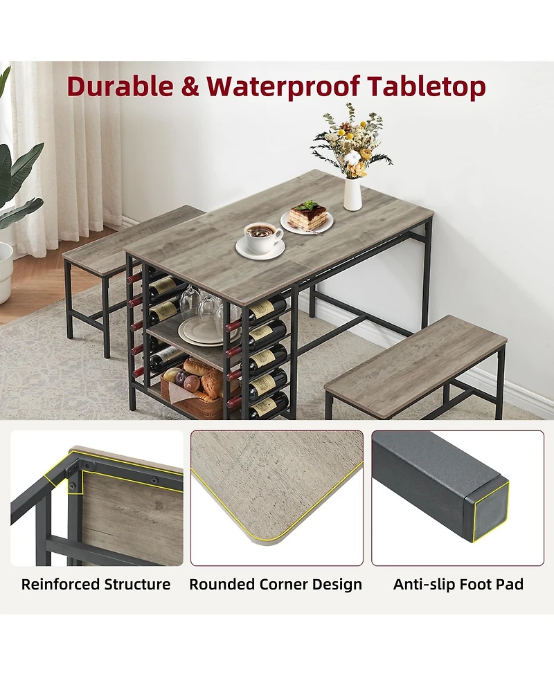 homfan 3 Pcs Dining Table Set with Tuck-In Benches, Wine Bottle Storage, Stemware Holder and Home Bar Set