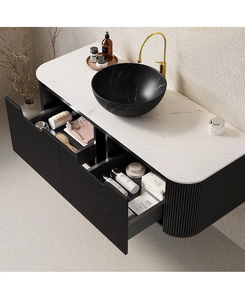 Sillysis Wall Mounted Bathroom Vanity, Carrara Sintered Stone Top , Striped Plywood Cabinet, Pre-assembled