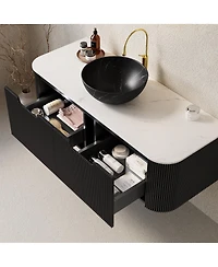 Sillysis Wall Mounted Bathroom Vanity, Carrara Sintered Stone Top , Striped Plywood Cabinet, Pre-assembled