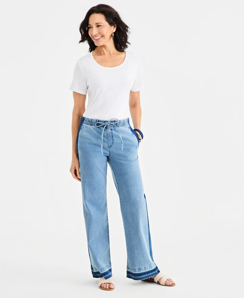 Style & Co Women's High-Rise Two-Tone Pull-On Wide-Leg Jeans, Macy's Exclusive