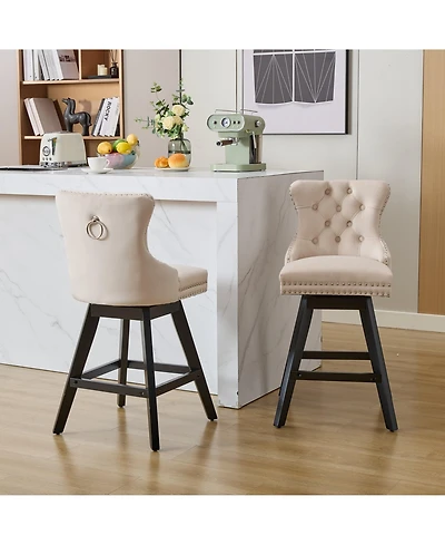 Clihome Swivel Velvet Barstools with Button Tufted Decoration and Wooden Legs, Chrome Nailhead Trim, Leisure Style Bar Chairs,Bar stools, Set of 2