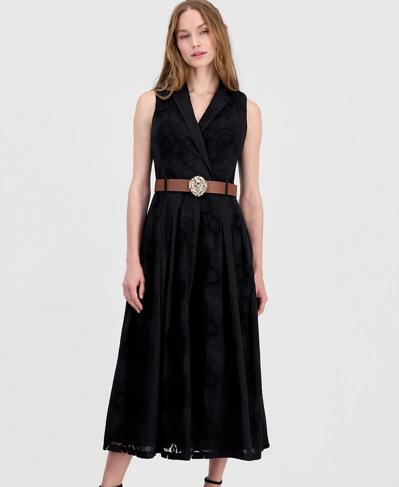 Anne Klein Women's Belted Eyelet Embroidered Cotton Midi Dress