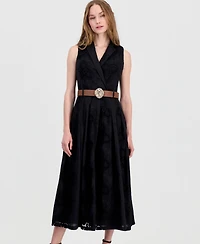 Anne Klein Women's Belted Eyelet Embroidered Cotton Midi Dress