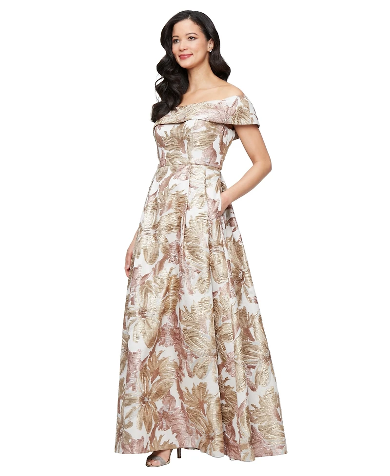 Alex Evenings Women's Off-the-Shoulder Printed Jacquard Ballgown