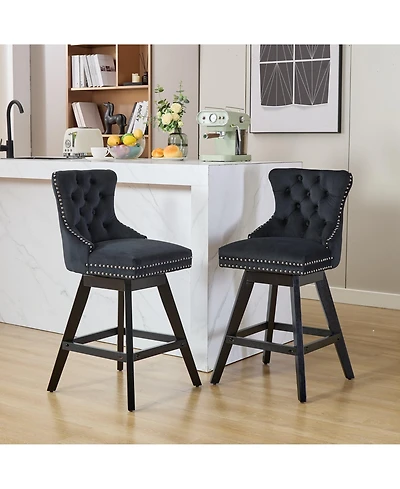 Clihome Swivel Velvet Barstools with Button Tufted Decoration and Wooden Legs, Chrome Nailhead Trim, Leisure Style Bar Chairs,Bar stools, Set of 2