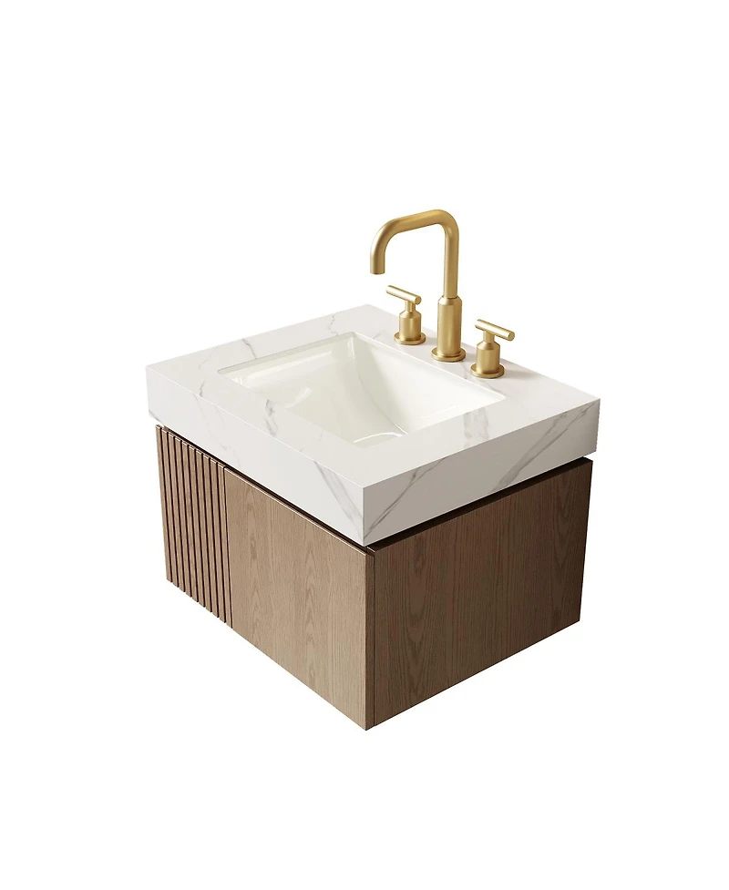Sillysis Wall Mounted Bathroom Vanity, Carrara Sintered Stone Top, 3-Hole Ceramic Sink, Soft Close Cabinet