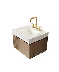 Sillysis Wall Mounted Bathroom Vanity, Carrara Sintered Stone Top, 3-Hole Ceramic Sink, Soft Close Cabinet
