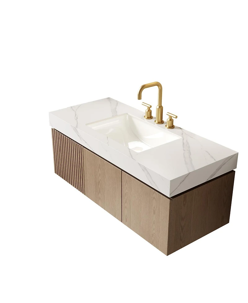 Sillysis Wall Mounted Bathroom Vanity, Carrara Sintered Stone Top, 3-Hole Ceramic Sink, Soft Close Cabinet