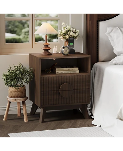 homfan Modern Fluted Bedside Tables, Charging Station with Usb Ports and Power Outlets, 2 Drawers and Open Shelf, End Table for Bedroom Living Room