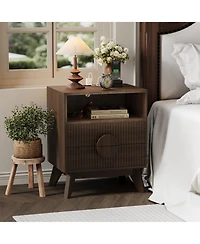 homfan Modern Fluted Bedside Tables, Charging Station with Usb Ports and Power Outlets, 2 Drawers and Open Shelf, End Table for Bedroom Living Room