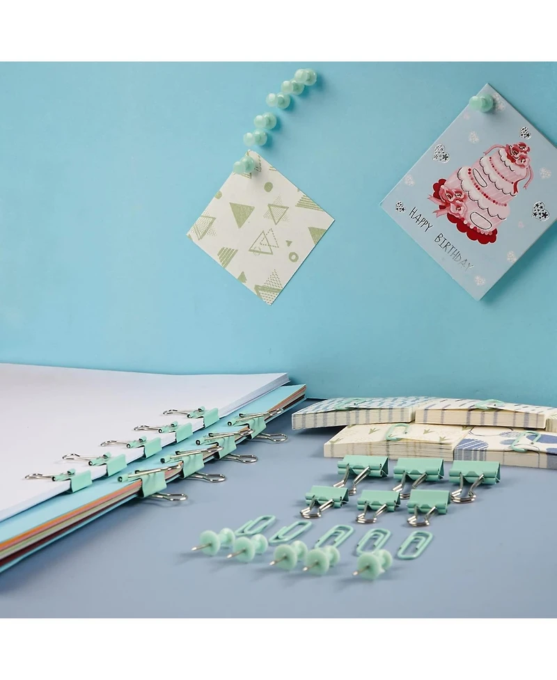 Danrong 97 Pcs Office Supplies for Women, Paper Clips Binder Clips Push Pins Set, Thumb Tacks Desk Organized, Green