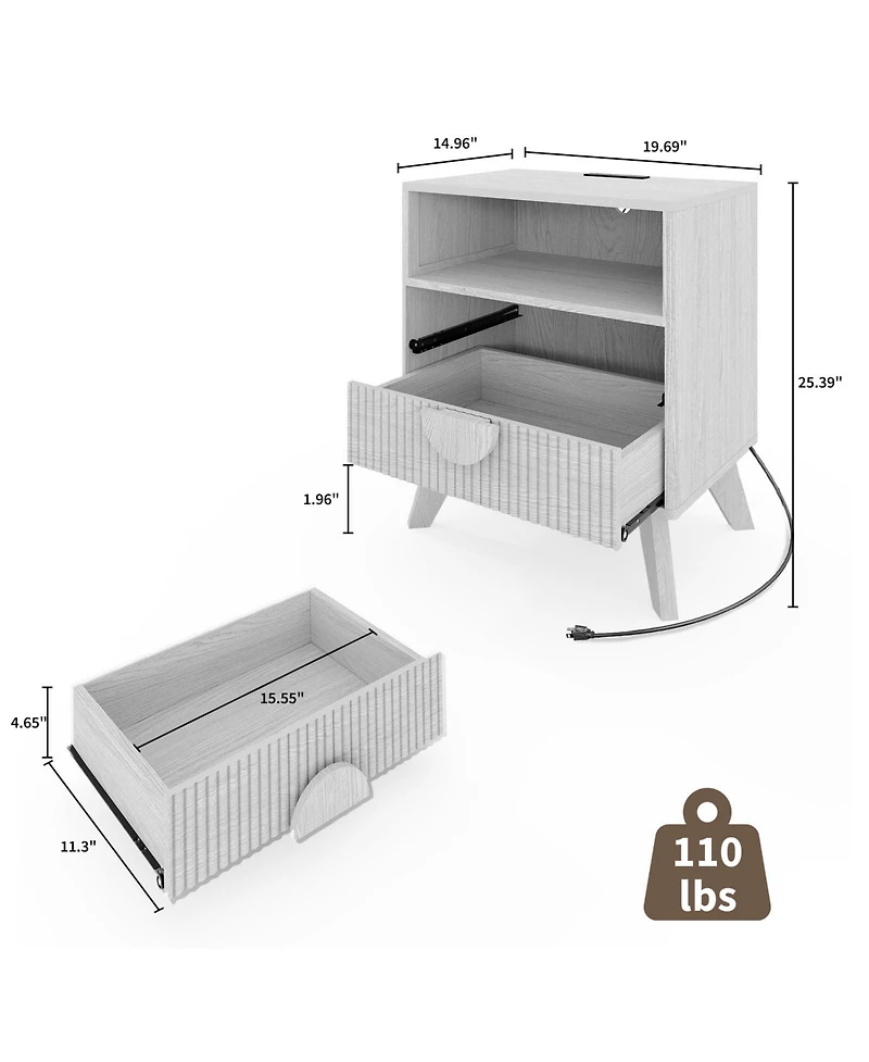 homfan Modern Fluted Bedside Tables, Charging Station with Usb Ports and Power Outlets, 2 Drawers Open Shelf, End Table for Bedroom Living Room