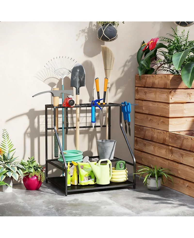 Yigii 3-Tier Garden Tool Rack: Organize 20+ Tools, Hooks, Shovel, Rake, Rust-Resistant Metal