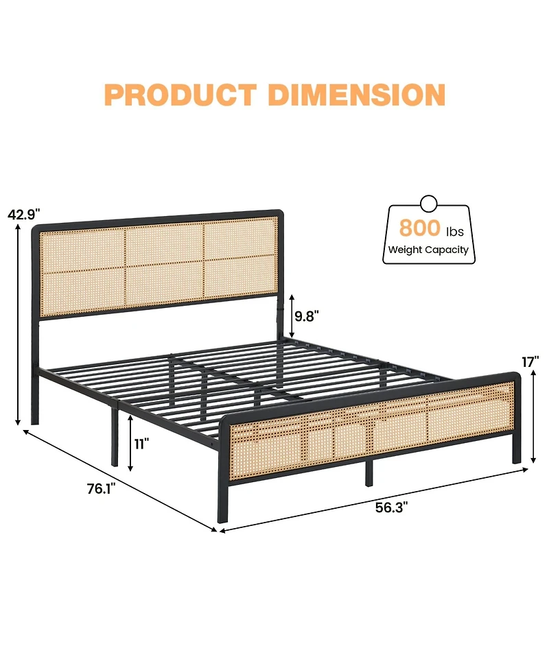 gaomon Full Size Rattan Bed Frame with Led Light Headboard, Bohemian Style Cane Boho Bed Frames